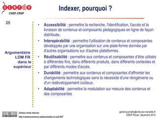 Indexer, pourquoi ?  Accessibilité  : permettre la recherche, l'identification, l'accès et la livraison de contenus et composants pédagogiques en ligne de façon distribuée.  Interopérabilité  : permettre l'utilisation de contenus et composantes développés par une organisation sur une plate-forme donnée par d'autres organisations sur d'autres plateformes.  Réutilisabilité  : permettre aux contenus et composantes d’être utilisés à différentes fins, dans différents produits, dans différents contextes et par différents modes d'accès.  Durabilité  : permettre aux contenus et composantes d'affronter les changements technologiques sans la nécessité d'une réingénierie ou d'un redéveloppement coûteux.  Adaptabilité  : permettre la modulation sur mesure des contenus et des composantes Argumentaire  LOM FR  dans le  supérieur 