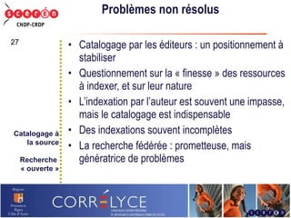 Problèmes non résolus Catalogage par les éditeurs : un positionnement à stabiliser Questionnement sur la « finesse » des ressources à indexer, et sur leur nature L’indexation par l’auteur est souvent une impasse, mais le catalogage est indispensable Des indexations souvent incomplètes La recherche fédérée : prometteuse, mais génératrice de problèmes Catalogage à la source Recherche  « ouverte » 