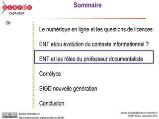 Sommaire Le numérique en ligne et les questions de licences ENT et/ou évolution du contexte informationnel ? ENT et les rôles du professeur documentaliste Corrélyce SIGD nouvelle génération Conclusion 