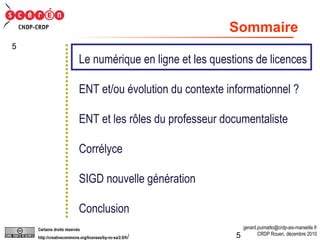 Sommaire Le numérique en ligne et les questions de licences ENT et/ou évolution du contexte informationnel ? ENT et les rôles du professeur documentaliste Corrélyce SIGD nouvelle génération Conclusion 