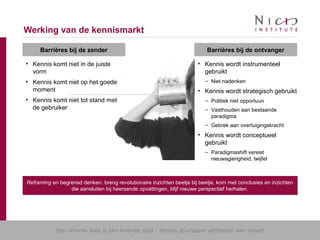 Een slimme stad is een lerende stad - Kennis duurzaam verbinden aan beleid
Werking van de kennismarkt
Reframing en begrensd denken: breng revolutionaire inzichten beetje bij beetje, kom met conclusies en inzichten
die aansluiten bij heersende opvattingen, blijf nieuwe perspectief herhalen.
Reframing en begrensd denken: breng revolutionaire inzichten beetje bij beetje, kom met conclusies en inzichten
die aansluiten bij heersende opvattingen, blijf nieuwe perspectief herhalen.
• Kennis komt niet in de juiste
vorm
• Kennis komt niet op het goede
moment
• Kennis komt niet tot stand met
de gebruiker
Barrières bij de zender
• Kennis wordt instrumenteel
gebruikt
– Niet nadenken
• Kennis wordt strategisch gebruikt
– Politiek niet opportuun
– Vasthouden aan bestaande
paradigma
– Gebrek aan overtuigingskracht
• Kennis wordt conceptueel
gebruikt
– Paradigmashift vereist
nieuwsgierigheid, twijfel
Barrières bij de ontvanger
 