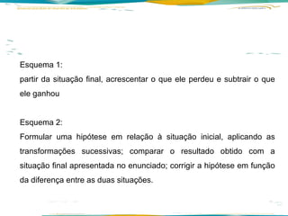 Esquema 1:  partir da situação final, acrescentar o que ele perdeu e subtrair o que ele ganhou Esquema 2:  Formular uma hipótese em relação à situação inicial, aplicando as transformações sucessivas; comparar o resultado obtido com a situação final apresentada no enunciado; corrigir a hipótese em função da diferença entre as duas situações. 