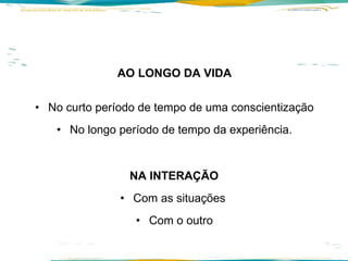 AO LONGO DA VIDA No curto período de tempo de uma conscientização No longo período de tempo da experiência. NA INTERAÇÃO  Com as situações  Com o outro 