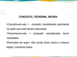 CONCEITO, TEOREMA, REGRA Conceito-em-ato =  conceito considerado pertinente na ação que está sendo executada Teorema-em-ato = proposta considerada como verdadeira Exemplos de regra: não contar duas vezes o mesmo objeto; contá-los todos 