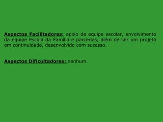 Aspectos Facilitadores: apoio da equipe escolar, envolvimento
da equipe Escola da Família e parcerias, além de ser um projeto
em continuidade, desenvolvido com sucesso.
Aspectos Dificultadores: nenhum.

 