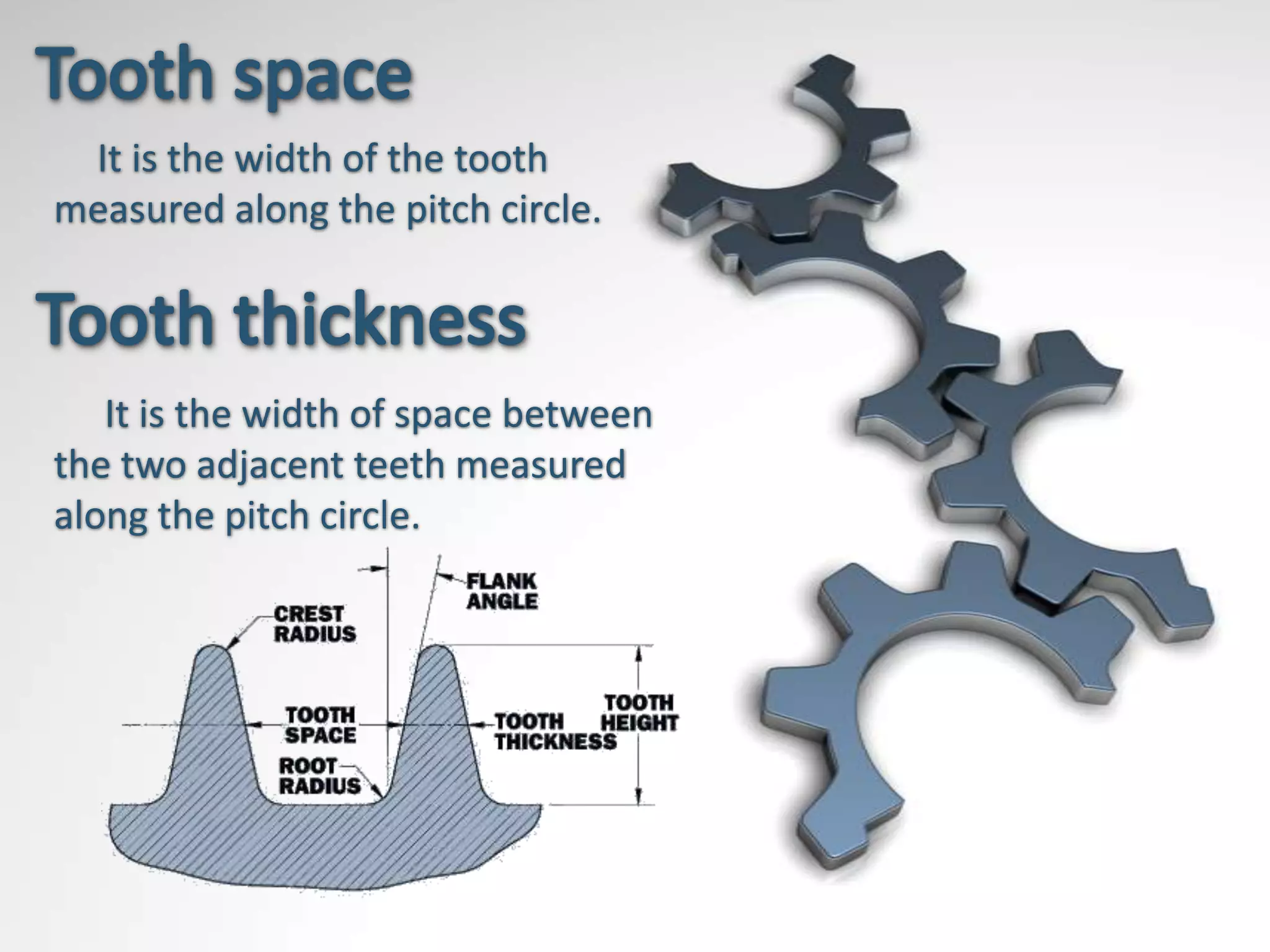 It is the width of the tooth
measured along the pitch circle.



   It is the width of space between
the two adjacent teeth measured
along the pitch circle.
 