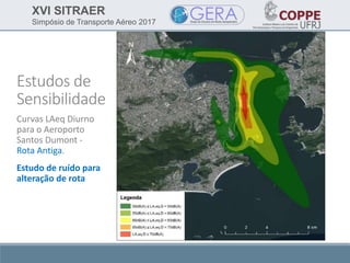 XVI SITRAER
Simpósio de Transporte Aéreo 2017
Estudos de
Sensibilidade
Curvas LAeq Diurno
para o Aeroporto
Santos Dumont -
Rota Antiga.
Estudo de ruído para
alteração de rota
 