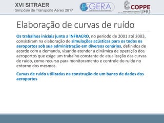 XVI SITRAER
Simpósio de Transporte Aéreo 2017
Elaboração de curvas de ruído
Os trabalhos iniciais junto a INFRAERO, no período de 2001 até 2003,
consistiram na elaboração de simulações acústicas para os todos os
aeroportos sob sua administração em diversos cenários, definidos de
acordo com a demanda, visando atender a dinâmica de operação dos
aeroportos que exige um trabalho constante de atualização das curvas
de ruído, como recurso para monitoramento e controle do ruído no
entorno dos mesmos.
Curvas de ruído utilizadas na construção de um banco de dados dos
aeroportos
 