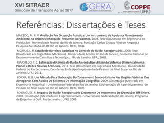 XVI SITRAER
Simpósio de Transporte Aéreo 2017
Referências: Dissertações e Teses
MACEDO, M. R. V. Avaliação Pós Ocupação Acústica: Um instrumento de Apoio ao Planejamento
Ambiental na circunvizinhança de Pequenos Aeroportos. 2004. Tese (Doutorado em Engenharia de
Produção) - Universidade Federal do Rio de Janeiro, Fundação Carlos Chagas Filho de Amparo à
Pesquisa do Estado do RJ. Rio de Janeiro: UFRJ, 2004.
MORAIS, L. R. Estudo de Barreiras Acústicas no Controle do Ruído Aeroportuário. 2008. Tese
(Doutorado em Engenharia Mecânica) - Universidade Federal do Rio de Janeiro, Conselho Nacional de
Desenvolvimento Científico e Tecnológico. Rio de Janeiro: UFRJ, 2008.
REVOREDO, T. C. Estimação dinâmica do Ruído Aeronáutico utilizando Sistemas diferencialmente
Planos e Redes Neurais Artificiais. 2011. Tese (Doutorado em Engenharia Mecânica) - Universidade
Federal do Rio de Janeiro, Coordenação de Aperfeiçoamento de Pessoal de Nível Superior. Rio de
Janeiro: UFRJ, 2011.
ROCHA, R. B. Um Método Para Elaboração Do Zoneamento Sonoro Urbano Nas Regiões Vizinhas Dos
Aeroportos Com Auxílio De Sistemas De Informação Geográfica. 2009. Dissertação (Mestrado em
Engenharia Mecânica) - Universidade Federal do Rio de Janeiro, Coordenação de Aperfeiçoamento de
Pessoal de Nível Superior. Rio de Janeiro: UFRJ, 2009.
RODRIGUES, R. Impacto De Ruído Aeroportuário Decorrente De Incremento De Operações Off-Shore.
2008. Dissertação (Mestrado em Engenharia Civil) - Universidade Federal do Rio de Janeiro, Programa
de Engenharia Civil. Rio de Janeiro: UFRJ, 2008.
 