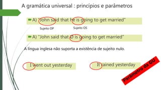 A gramática universal : princípios e parâmetros
A) “John said that he is going to get married”
Sujeito OP Sujeito OS
A) “John said that Ø is going to get married”
A língua inglesa não suporta a existência de sujeito nulo.
I went out yesterday It rained yesterday
 