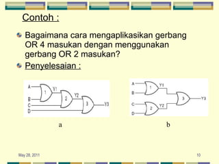 Contoh : Bagaimana cara mengaplikasikan gerbang OR 4 masukan dengan menggunakan gerbang OR 2 masukan?  Penyelesaian : a b 