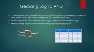 Gerbang Logika AND
 Gerbang and (and gate) adalah suatu rangkaian logika yang mempunyai beberapa
jalan masuk (input) dan hanya mempunyai satu jalan keluar (output).
 berlaku ketentuan: sinyal keluaran akan tinggi jika semua sinyal masukan tinggi.
 Memiliki konsep seperti dua buah saklar yang dipasangkan secara seri
A
B
F
 