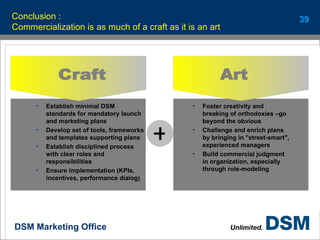 Conclusion : Commercialization is as much of a craft as it is an art  Establish minimal DSM standards for mandatory launch and marketing plans Develop set of tools, frameworks and templates supporting plans Establish disciplined process with clear roles and responsibilities Ensure implementation (KPIs, incentives, performance dialog) Craft Foster creativity and breaking of orthodoxies –go beyond the obvious Challenge and enrich plans by bringing in "street-smart", experienced managers Build commercial judgment in organization, especially through role-modeling Art + 