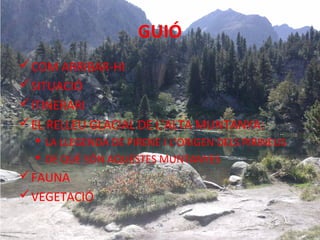 GUIÓ
 COM ARRIBAR-HI
 SITUACIÓ
 ITINERARI
 EL RELLEU GLACIAL DE L’ALTA MUNTANYA:
 LA LLEGENDA DE PIRENE I L’ORIGEN DELS PIRINEUS
 DE QUÈ SÓN AQUESTES MUNTANYES

 FAUNA
 VEGETACIÓ

 