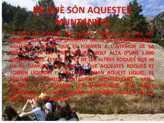 DE QUÈ SÓN AQUESTES
MUNTANYES
EL TIPUS DE ROQUES QUE PODEM TROBAR A LA VALL DEL
GERBER SÓN ROQUES SOBRETOT DE TIPUS MAGMÀTIQUES.
AQUESTES ROQUES QUE ES FORMEN A L’INTERIOR DE LA
TERRA ON HI HA TEMPERATURA MOLT ALTA D’UNS 1.000
GRAUS, A MÉS, TENEN EL PES DE LES ALTRES ROQUES QUE HI
HA AL DAMUNT. TOT AIXÒ FA QUE AQUESTES ROQUES ES
TORNIN LÍQUIDES I PASTOSES. QUAN AQUEST LÍQUID, EL
MAGMA ES REFREDA LENTAMENT MENTRESTANT VAN
PUJANT I ES FORMEN LES MUNTANYES. SÓN MOLT
COMPACTES I ELS SEUS MINERALS ES PODEN VEURE A ULL. EL
GRANIT N’ÉS UN EXEMPLE.

 