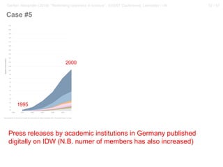 32 / 57Gerber, Alexander (2018): “Rethinking openness in science”. EASST Conference, Lancaster / UK
Press releases by academic institutions in Germany published
digitally on IDW (N.B. numer of members has also increased)
1995
2000
Case #5
 