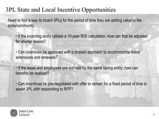 3PL State and Local Incentive Opportunities
Need to find a way to incent 3PLs for the period of time they are adding value to the
state/community.

     • If the incenting entity utilizes a 10-year ROI calculation, how can that be adjusted
     for shorter leases?

     • Can incentives be approved with a phased approach to accommodate lease
     extensions and renewals?

     • If the lease and employees are not held by the same taxing entity; how can
     benefits be realized?

     • Can incentives be pre-negotiated with offer to remain for a fixed period of time to
     assist 3PL with responding to RFP?




                                                                                              13
 