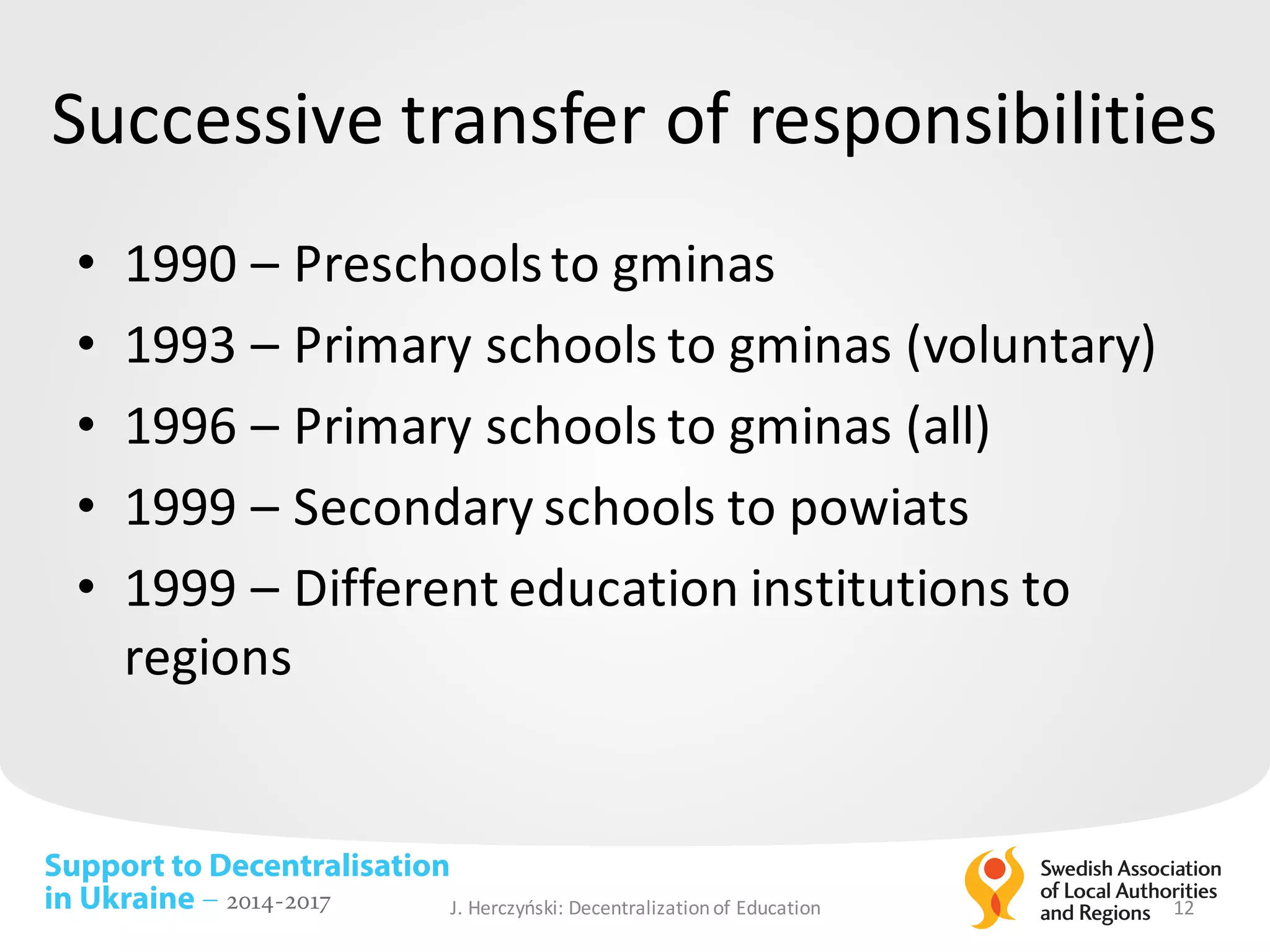 Support to Decentralisation
in Ukraine – 2014-2017
Successive transfer	of	responsibilities
• 1990	– Preschoolsto	gminas
• 1993	– Primary schools to	gminas (voluntary)
• 1996	– Primary schools to	gminas (all)
• 1999	– Secondary schools to	powiats
• 1999	– Different education institutions to	
regions
J.	Herczyński: Decentralizationof Education 12
 