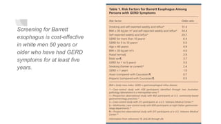 Screening for Barrett
esophagus is cost-effective
in white men 50 years or
older who have had GERD
symptoms for at least five
years.
 