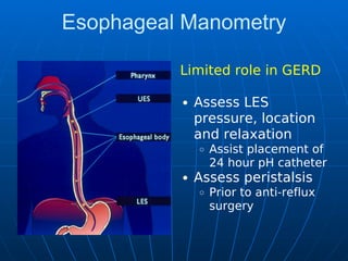 Esophageal Manometry
Limited role in GERD
Assess LES
pressure, location
and relaxation
Assist placement of
24 hour pH catheter
Assess peristalsis
Prior to anti-reflux
surgery
 