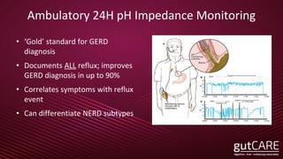 Ambulatory 24H pH Impedance Monitoring
• ‘Gold’ standard for GERD
diagnosis
• Documents ALL reflux; improves
GERD diagnosis in up to 90%
• Correlates symptoms with reflux
event
• Can differentiate NERD subtypes
 