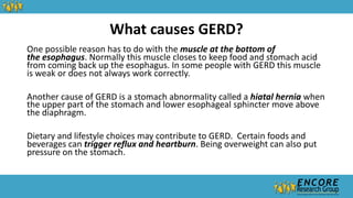 What causes GERD?
One possible reason has to do with the muscle at the bottom of
the esophagus. Normally this muscle closes to keep food and stomach acid
from coming back up the esophagus. In some people with GERD this muscle
is weak or does not always work correctly.
Another cause of GERD is a stomach abnormality called a hiatal hernia when
the upper part of the stomach and lower esophageal sphincter move above
the diaphragm.
Dietary and lifestyle choices may contribute to GERD. Certain foods and
beverages can trigger reflux and heartburn. Being overweight can also put
pressure on the stomach.
 