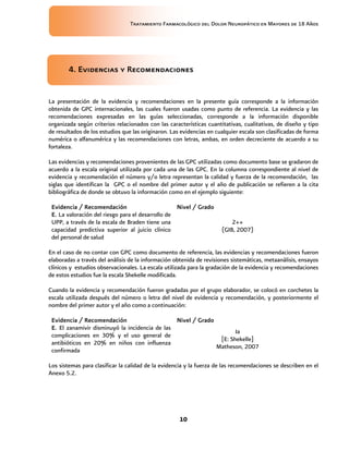 Tratamiento Farmacológico del Dolor Neuropático en Mayores de 18 Años
10
4. Evidencias y Recomendaciones
La presentación de la evidencia y recomendaciones en la presente guía corresponde a la información
obtenida de GPC internacionales, las cuales fueron usadas como punto de referencia. La evidencia y las
recomendaciones expresadas en las guías seleccionadas, corresponde a la información disponible
organizada según criterios relacionados con las características cuantitativas, cualitativas, de diseño y tipo
de resultados de los estudios que las originaron. Las evidencias en cualquier escala son clasificadas de forma
numérica o alfanumérica y las recomendaciones con letras, ambas, en orden decreciente de acuerdo a su
fortaleza.
Las evidencias y recomendaciones provenientes de las GPC utilizadas como documento base se gradaron de
acuerdo a la escala original utilizada por cada una de las GPC. En la columna correspondiente al nivel de
evidencia y recomendación el número y/o letra representan la calidad y fuerza de la recomendación, las
siglas que identifican la GPC o el nombre del primer autor y el año de publicación se refieren a la cita
bibliográfica de donde se obtuvo la información como en el ejemplo siguiente:
Evidencia / Recomendación Nivel / Grado
E. La valoración del riesgo para el desarrollo de
UPP, a través de la escala de Braden tiene una
capacidad predictiva superior al juicio clínico
del personal de salud
2++
(GIB, 2007)
En el caso de no contar con GPC como documento de referencia, las evidencias y recomendaciones fueron
elaboradas a través del análisis de la información obtenida de revisiones sistemáticas, metaanálisis, ensayos
clínicos y estudios observacionales. La escala utilizada para la gradación de la evidencia y recomendaciones
de estos estudios fue la escala Shekelle modificada.
Cuando la evidencia y recomendación fueron gradadas por el grupo elaborador, se colocó en corchetes la
escala utilizada después del número o letra del nivel de evidencia y recomendación, y posteriormente el
nombre del primer autor y el año como a continuación:
Evidencia / Recomendación Nivel / Grado
E. El zanamivir disminuyó la incidencia de las
complicaciones en 30% y el uso general de
antibióticos en 20% en niños con influenza
confirmada
Ia
[E: Shekelle]
Matheson, 2007
Los sistemas para clasificar la calidad de la evidencia y la fuerza de las recomendaciones se describen en el
Anexo 5.2.
 