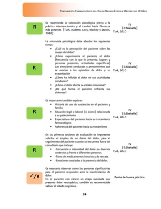 Tratamiento Farmacológico del Dolor Neuropático en Mayores de 18 Años
24
Se recomienda la valoración psicológica previa a la
práctica intervencionista y el cambio hacia fármacos
más potentes (Turk, Audette, Levy, Mackey y Stanos,
2010)
IV
[E:Shekelle]
Turk, 2010
La entrevista psicológica debe abordar los siguientes
temas:
 ¿Cuál es la percepción del paciente sobre las
causas del dolor?
 ¿Cómo experimenta el paciente el dolor
(frecuencia con la que lo presenta, lugares y
personas presentes, actividades específicas)
Las emociones conductas y pensamientos que
se asocian a los episodios de dolor y su
exacerbación
 ¿Cómo ha influido el dolor en sus actividades
cotidianas?
 ¿Cómo el dolor afecta su estado emocional?
 ¿De qué forma el paciente enfrenta sus
síntomas?
IV
[E:Shekelle]
Turk, 2010
Es importante también explorar:
 Historia de uso de sustancias en el paciente y
familia
 Situación legal o laboral (si existe) relacionada
a su padecimiento
 Expectativas del paciente hacia su tratamiento
farmacológico
 Adherencia del paciente hacia su tratamiento
IV
[E:Shekelle]
Turk, 2010
En las primeras sesiones de evaluación es importante
solicitar el empleo de un diario del dolor, para el
seguimiento del paciente cuando se encuentra fuera del
consultorio que incluya:
 -Frecuencia e intensidad del dolor en diversos
contextos y frente a diferentes personas.
 -Toma de medicamentos horarios y de rescate.
 -Emociones asociadas a la presencia del dolor.
IV
[E:Shekelle]
Turk, 2010
Es necesario observar como las personas significativas
para el paciente responden ante la manifestación de
dolor.
En el paciente con cáncer en etapa avanzada que
presenta dolor neuropático, también es recomendable
valorar el estado cognitivo.
Punto de buena práctica.
R
R
R
/R
R
 