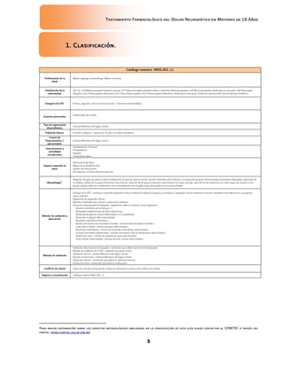 Tratamiento Farmacológico del Dolor Neuropático en Mayores de 18 Años
5
1. Clasificación.
Catálogo maestro: IMSS-441-11
Profesionales de la
salud.
Médico algólogo, anestesiólogo, Médico internista
Clasificación de la
enfermedad.
CIE-10: <G56Mononeuropatía miembro superior, G57 Mononeuropatía miembro inferior, G58 Otras Mononeuropatías, G59 Mononeuropatías clasificadas en otra parte, G60 Neuropatía
idiopática, G61 Polineuropatía inflamatoria, G62 Otras Polineuropatías, G53 Polineuropatía inflamatoria clasificada en otra parte, G54Otros trastornos del Sistema Nervioso Periférico
Categoría de GPC. Primero, segundo y tercer nivel de atención. Tratamiento farmacológico
Usuarios potenciales.
Profesionales de la salud
Tipo de organización
desarrolladora.
Instituto Mexicano del Seguro Social
Población blanco. Hombres y Mujeres mayores de 18 años con dolor neuropático
Fuente de
financiamiento /
patrocinador.
Instituto Mexicano del Seguro Social
Intervenciones y
actividades
consideradas.
Antidepresivos Tricíclicos
Antiepilépticos
Opioides
Tratamiento tópico
Impacto esperado en
salud.
Disminución del dolor
Mejora de la calidad de vida
Satisfacción del paciente
Reintegrarse a la esfera laboral el paciente
Metodología
1
.
Adopción de guías de práctica clínica ò elaboración de guía de nueva creación: revisión sistemática de la literatura, recuperación de guías internacionales previamente elaboradas, evaluación de
la calidad y utilidad de las guías/revisiones/otras fuentes, selección de las guías/revisiones/otras fuentes con mayor puntaje, selección de las evidencias con nivel mayor, de acuerdo con la
escala utilizada, selección o elaboración de recomendaciones con el grado mayor de acuerdo con la escala utilizada.
Método de validación y
adecuación.
Enfoque de la GPC: <enfoque a responder preguntas clínicas mediante la adopción de guías y/o enfoque a preguntas clínicas mediante la revisión sistemática de evidencias en una guía de
nueva creación>
Elaboración de preguntas clínicas.
Métodos empleados para colectar y seleccionar evidencia.
Protocolo sistematizado de búsqueda. <especificar cuáles se utilizaron, de las siguientes:
Revisión sistemática de la literatura. 3
Búsquedas mediante bases de datos electrónicas.
Búsqueda de guías en centros elaboradores o ó compiladores.
Búsqueda en páginas Web especializadas
Búsqueda manual de la literatura.>
Número de fuentes documentales revisadas: <número total de fuentes revisadas>
Guías seleccionadas: <número de guías seleccionadas>.
Revisiones sistemáticas: <número de revisiones sistemáticas seleccionadas>
Ensayos controlados aleatorizados: <número de ensayos clínicos aleatorizados seleccionados>
Reporte de casos: <número de reportes de casos seleccionados>
Otras fuentes seleccionadas: <número de otras fuentes seleccionadas>
Método de validación
Validación del protocolo de búsqueda: <institución que validó el protocolo de búsqueda>.
Método de validación de la GPC: validación por pares clínicos.
Validación interna: Instituto Mexicano del Seguro Social>
Revisión institucional: <Instituto Mexicano del Seguro Social>
Validación externa: <institución que realizó la validación externa>
Verificación final: <institución que realizó la verificación>
Conflicto de interés Todos los miembros del grupo de trabajo han declarado la ausencia de conflictos de interés.
Registro y actualización Catálogo maestro IMSS-441-11
Para mayor información sobre los aspectos metodológicos empleados en la construcción de esta guía puede contactar al CENETEC a través del
portal: www.cenetec.salud.gob.mx
 