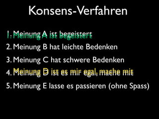 Konsens-Verfahren
1. Meinung A ist begeistert
1. Meinung A ist begeistert
2. Meinung B hat leichte Bedenken
3. Meinung C hat schwere Bedenken
4. Meinung D ist es mir egal, mache mit
   Meinung D ist es mir egal, mache mit
5. Meinung E lasse es passieren (ohne Spass)
 