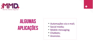 Algumas
aplicações

Automações via e-mail;

Social media;

Mobile messaging;

Chatbots;

Anúncios.
 