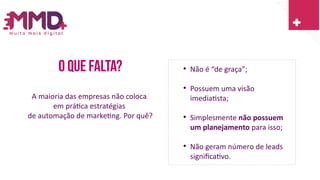 O que falta?
A maioria das empresas não coloca
em prática estratégias
de automação de marketing. Por quê?

Não é “de graça”;

Possuem uma visão
imediatista;

Simplesmente não possuem
um planejamento para isso;

Não geram número de leads
significativo.
 