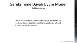 Ulusal ve uluslararası alanyazında yapılan taramada bu
mesleki gelişim modeli temele alınarak yapılan bir bilimsel
araştırmaya rastlanmamıştır.
Gereksinime Dayalı Uyum Modeli
İlgili Araştırma
Mustafa POLAT Aralık, 2015
 