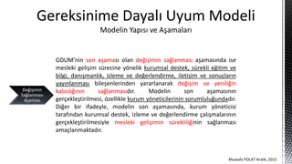 GDUM’nin son aşaması olan değişimin sağlanması aşamasında ise
mesleki gelişim sürecine yönelik kurumsal destek, sürekli eğitim ve
bilgi, danışmanlık, izleme ve değerlendirme, iletişim ve sonuçların
yayınlanması bileşenlerinden yararlanarak değişim ve yeniliğin
kalıcılığının sağlanmasıdır. Modelin son aşamasının
gerçekleştirilmesi, özellikle kurum yöneticilerinin sorumluluğundadır.
Diğer bir ifadeyle, modelin son aşamasında, kurum yöneticisi
tarafından kurumsal destek, izleme ve değerlendirme çalışmalarının
gerçekleştirilmesiyle mesleki gelişimin sürekliliğinin sağlanması
amaçlanmaktadır.
Gereksinime Dayalı Uyum Modeli
Modelin Yapısı ve Aşamaları
Değişimin
Sağlanması
Aşaması
Mustafa POLAT Aralık, 2015
 