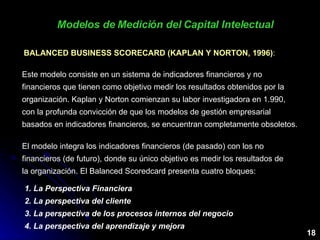 18 Modelos de Medición del Capital Intelectual BALANCED BUSINESS SCORECARD (KAPLAN Y NORTON, 1996) : Este modelo consiste en un sistema de indicadores financieros y no financieros que tienen como objetivo medir los resultados obtenidos por la organización. Kaplan y Norton comienzan su labor investigadora en 1.990, con la profunda convicción de que los modelos de gestión empresarial basados en indicadores financieros, se encuentran completamente obsoletos.  El modelo integra los indicadores financieros (de pasado) con los no financieros (de futuro), donde su único objetivo es medir los resultados de la organización. El Balanced Scoredcard presenta cuatro bloques: 1. La Perspectiva Financiera 2. La perspectiva del cliente 3. La perspectiva de los procesos internos del negocio  4. La perspectiva del aprendizaje y mejora 