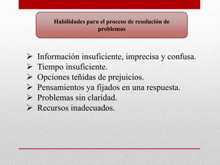 Habilidades para el proceso de resolución de
                        problemas



   Información insuficiente, imprecisa y confusa.
   Tiempo insuficiente.
   Opciones teñidas de prejuicios.
   Pensamientos ya fijados en una respuesta.
   Problemas sin claridad.
   Recursos inadecuados.
 