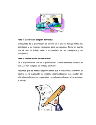Fase 4. Elaboración del plan de trabajo
El resultado de la planificación se plasma en el plan de trabajo: refleja las
actividades y los recursos necesarios para su ejecución. Tenga en cuenta
que el plan de trabajo debe ir acompañado de un cronograma y un
presupuesto.
Fase 5. Evaluación de los resultados
Es la etapa final del ciclo de la planificación. Durante esta fase se revisa el
plan: ¿se han cumplido las metas y objetivos?
Recuerde que las metas y objetivos tienen que ir vinculadas a la misión. El
objetivo de la evaluación es elaborar recomendaciones que puedan ser
utilizadas por la persona responsable y por el resto del personal para mejorar
el trabajo.
 
