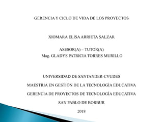 GERENCIA Y CICLO DE VIDA DE LOS PROYECTOS
XIOMARA ELISAARRIETA SALZAR
ASESOR(A) – TUTOR(A)
Mag. GLADYS PATRICIA TORRES MURILLO
UNIVERSIDAD DE SANTANDER-CVUDES
MAESTRIA EN GESTIÓN DE LA TECNOLOGÍA EDUCATIVA
GERENCIA DE PROYECTOS DE TECNOLOGÍA EDUCATIVA
SAN PABLO DE BORBUR
2018
 