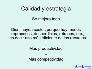 Calidad y estrategia Se mejora todo  Disminuyen costos porque hay menos reprocesos, desperdicios, retrasos, etc., es decir uso más eficiente de los recursos  Más productividad  Más competitividad A ula de E conomía . com 