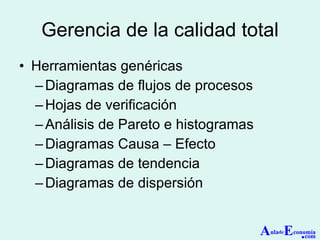 Gerencia de la calidad total Herramientas genéricas Diagramas de flujos de procesos Hojas de verificación Análisis de Pareto e histogramas Diagramas Causa – Efecto Diagramas de tendencia Diagramas de dispersión A ula de E conomía . com 