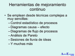 Herramientas de mejoramiento continuo Se emplean desde técnicas complejas a muy sencillas: Control estadístico de procesos Diagramas causa – efecto Diagramas de flujo de procesos Análisis de Pareto Sesiones de lluvia de ideas Y muchas más A ula de E conomía . com 