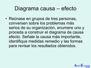 Diagrama causa – efecto Reúnase en grupos de tres personas, conversen sobre los problemas más serios de su organización, enumere uno y proceda a construir el diagrama de causa efecto. Señale la causa más importante, identifique medidas remedio y las formas para revisar los resultados obtenidos. A ula de E conomía . com 