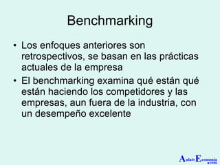 Benchmarking Los enfoques anteriores son retrospectivos, se basan en las prácticas actuales de la empresa El benchmarking examina qué están qué están haciendo los competidores y las empresas, aun fuera de la industria, con un desempeño excelente A ula de E conomía . com 