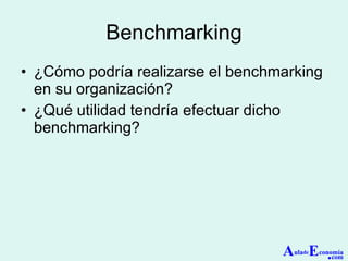 Benchmarking ¿Cómo podría realizarse el benchmarking en su organización? ¿Qué utilidad tendría efectuar dicho benchmarking? A ula de E conomía . com 