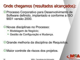 Onde chegamos (resultados alcançados): Processo Corporativo para Desenvolvimento de Software definido, implantado e conforme a ISO 9001 versão 2000. Novas disciplinas no Processo: Modelagem de Negócio; Gestão de Configuração e Mudança. Grande melhoria da disciplina de Requisitos. Maior controle de riscos dos projetos. 