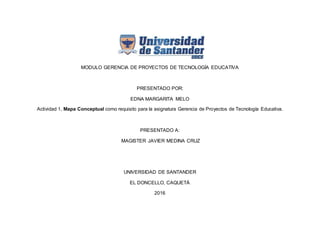 MODULO GERENCIA DE PROYECTOS DE TECNOLOGÍA EDUCATIVA
PRESENTADO POR:
EDNA MARGARITA MELO
Actividad 1, Mapa Conceptual como requisito para la asignatura Gerencia de Proyectos de Tecnología Educativa.
PRESENTADO A:
MAGISTER JAVIER MEDINA CRUZ
UNIVERSIDAD DE SANTANDER
EL DONCELLO, CAQUETÁ
2016
 