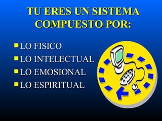 TU ERES UN SISTEMA COMPUESTO POR: LO FISICO LO INTELECTUAL  LO EMOSIONAL LO ESPIRITUAL 