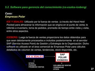 27
5.2. Software para gerencia del conocimiento (ce-xsales-iceberg)5.2. Software para gerencia del conocimiento (ce-xsales-iceberg)
Caso:Caso:
Empresas PolarEmpresas Polar
ICE Y XSALES: Utilizado por la fuerza de ventas (a través del Hand Held
Pocket) para almacenar la información que se origina en el punto de venta; lo
referido a inventario, toma de pedidos, promedio de tiempo entre visita y visita,
entre otros aspectos.
ICEBERG: Luego la fuerza de ventas proporciona los datos obtenidos para
que sean debidamente procesados e incluidos posteriormente en el servidor
SAP (Service Access Point) de Gestión y Estrategia de la Organización. Dicho
software es utilizado en el área comercial de Empresas Polar para cálculos
detallados de volumen de ventas, tendencias, stock disponible, etc.
ICE & XSALES
SAP
POLAR
ICEBERG
•STOCK
•PEDIDOS
•PROMEDIO VISITAS
•VOLUMEN DE VENTAS
•TENDENCIAS
•STOCK
 