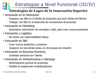 Estrategias a Nivel Funcional (III/IV) Estrategias de Logro de la Innovación Superior Innovación en la Fabricación Cooperar con I&D en el diseño de productos que sean fáciles de fabricar Trabajar con I&D en el desarrollo de innovaciones de procesos Innovación en Marketing Suministrar información de mercados a I&D, para crear nuevos productos Innovación y Logística No existe una responsabilidad básica Innovación en I&D Crear nuevos productos y procesos Cooperar con las demás áreas, en el procesos de creación Innovación en Recursos Humanos Contratar personal con Talento Innovación en Infraestructura y Liderazgo Administración general de proyectos Facilitar la cooperación multidisciplinaria Gerencia Estratégica de Innovación Tecnológica  César Lozano   