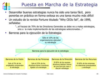 Puesta en Marcha de la Estrategia Desarrollar buenas estrategias nunca ha sido una tarea fácil,  pero ponerlas en práctica en forma exitosa es una tarea mucho más difícil Un estudio de la revista Fortune titulado "Why CEOs fail", de 1999, señalaba: "...el fracaso de 70% de los Directores Generales se debe no a malas estrategias,  sino a  la mala implementación de las estrategias seleccionadas..." Barreras para la ejecución de la Estrategia: Gerencia Estratégica de Innovación Tecnológica  César Lozano   Barreras para la ejecución de la estrategia Sólo el 10% de las organizaciones ejecutan su estrategia Solo el 5% de los empleados comprenden la estrategia Barreras de la Visión Solo el 25% de los directivos tienen incentivos ligados a la estrategia Barreras de las Personas El 85% de los equipos directivos dedican menos de una hora por mes a discutir estrategia Barreras de la Dirección El 60% de las empresas no relacionan presupuestos y estrategia Barreras de los Recursos 